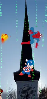 Superheroes climb a clock tower with digital matrix sky.