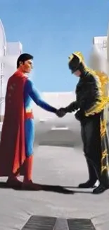 Superheroes shaking hands in an alley.