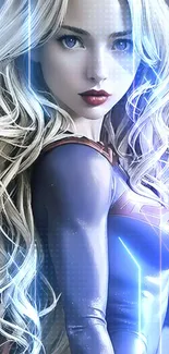 Fantasy superheroine with glowing blue lights and blonde hair in futuristic style.