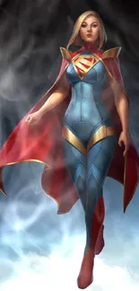 A superheroine with a red cape flying in a dramatic cloudy sky.