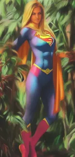 Superheroine in colorful costume amidst jungle setting.