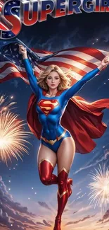 Superheroine in blue and red outfit with fireworks in the background.