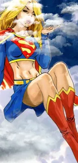 Superheroine in vibrant blue costume with clouds.