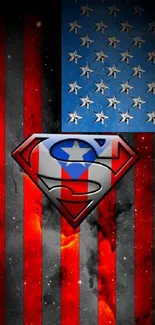 Superman logo with American flag stars and stripes in vibrant colors.