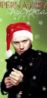 Supernatural Christmas mobile wallpaper with festive theme and snowfall.