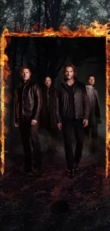 Supernatural themed wallpaper with a fiery forest scene and four figures.