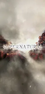 Supernatural themed wallpaper with dark wings and ethereal atmosphere.