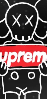 Black background with red Supreme logo and artistic character.