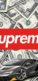 Supreme logo with luxury car and dollar bills background.