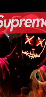 Supreme-inspired wallpaper with neon masked figure in red hoodie.