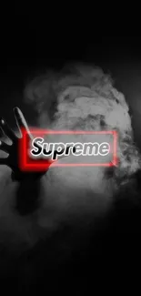 Supreme neon hand with smoky background in dark theme.