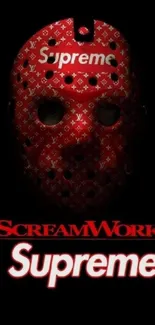 Red Supreme ScreamWorks mask wallpaper on black background.