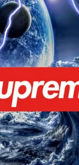 Supreme logo with space theme and lightning on a mobile wallpaper.