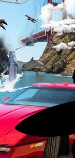 Surfer silhouette with dolphins and red car near coastal bridge.