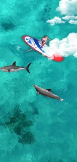 Surfer on a vibrant ocean with sharks and dolphins.