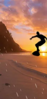 Silhouette of a surfer at sunset on a tranquil beach with orange sky.