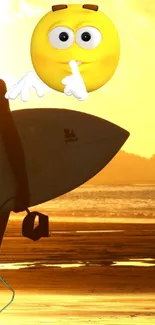 Silhouette of surfer with emoji at sunset beach.