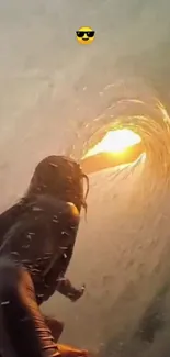 Surfer riding through a golden wave tunnel.