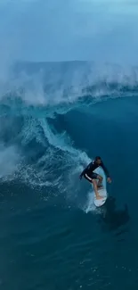 Surfer expertly rides a powerful ocean wave.