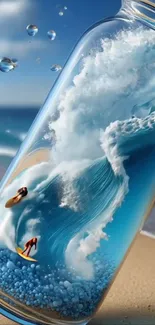 Surfers riding waves inside a bottle on the beach.