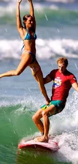 Couple performing a surf dance on ocean waves.