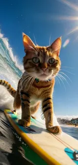 Cat surfing on a wave under a bright sun.