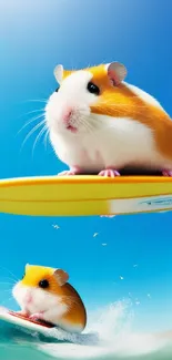 Two cute hamsters surfing on a sunny beach with blue skies.