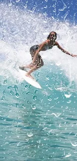 Wallpaper of a surfer riding a vibrant wave under a clear blue sky.