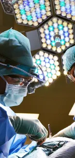 Surgeons operating under bright lights in an OR.