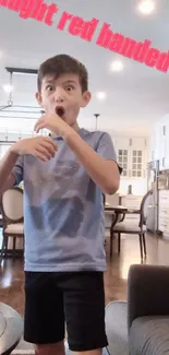 Surprised boy in a bright and elegant living room.