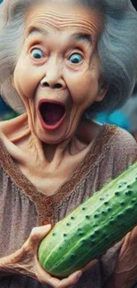 Elderly woman surprised while holding a large cucumber.