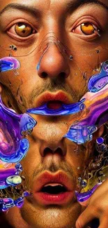 Surreal abstract wallpaper with vivid colors and distorted facial elements.