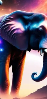 Surreal abstract elephant with cosmic background and vibrant colors.