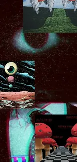 Surreal abstract wallpaper with eye and mushrooms.