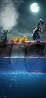 Surreal scene with ducks on a floating barrel under a moonlit sky.