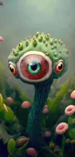 Surreal wallpaper featuring an alien-like creature with a large eye among plants.