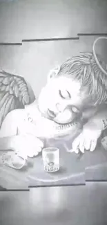 Surreal pencil art of a sleeping angel with halo.