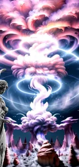 Surreal wallpaper featuring angelic statue under vibrant cosmic clouds.