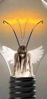 Surreal artwork of a woman with angel wings inside a light bulb.