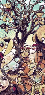 Surreal art wallpaper with playful animals under a twisted tree.