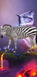 Surreal zebra-bird creature on vibrant landscape with lava.