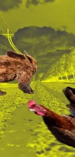 Surreal animal scene with vibrant colors on a road.