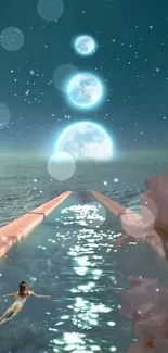 Surreal swimming pool reaching towards a glowing moonlit sky.