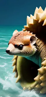 Surreal armadillo emerging from ocean waves in a vibrant digital art style.