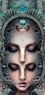 Surreal artwork featuring multiple intertwined faces in intricate detailing.