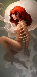 Surreal art of a woman intertwined with a skull in dark red tones.