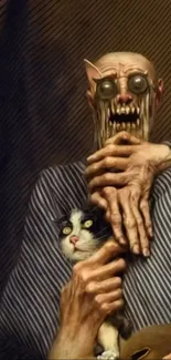 Surreal art wallpaper with a mysterious figure and a cat.