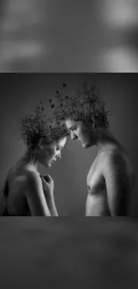 Surreal black and white couple wallpaper with tree-like hair.