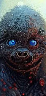 Surreal blue-eyed creature with textured artistic detail.