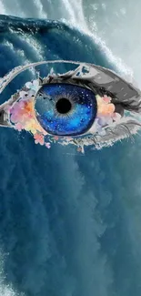 Surreal artistic eye with blue hues and floral accents.